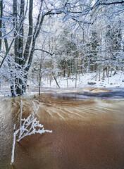 Flooding ice covered river in very cold winter day