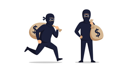 Two masked burglars wearing black outfits carrying heavy bags of stolen money with dollar signs on a plain white background.