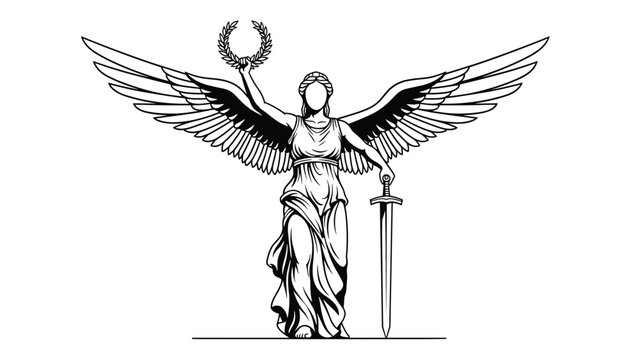 Majestic black and white illustration of a winged goddess holding a laurel wreath and a sword representing victory.