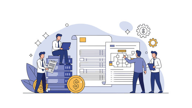 Professional team analyzing financial documents and business data with charts and money icons in a modern flat office setting.