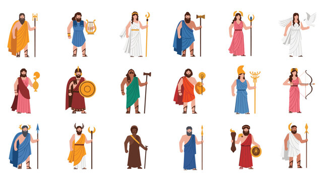 Large collection of ancient Greek gods and goddesses depicted in traditional attire with their iconic symbols and attributes.