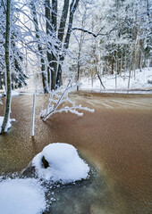 Flooding ice covered river in very cold winter day