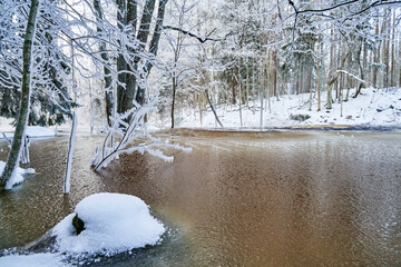 Flooding ice covered river in very cold winter day