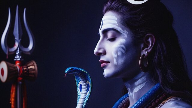 Mystical portrayal of a Hindu deity, possibly Shiva, with a blue cobra and traditional symbols like trishul and damaru, evoking spiritual devotion.