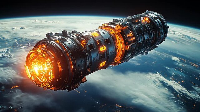 A futuristic spaceship orbits Earth, glowing with orange lights, embarking on an interstellar voyage.
