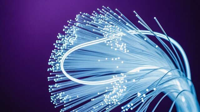 Abstract close-up of glowing blue fiber optic cables symbolizing high-speed data, internet, and modern digital communication. - Powered by Adobe