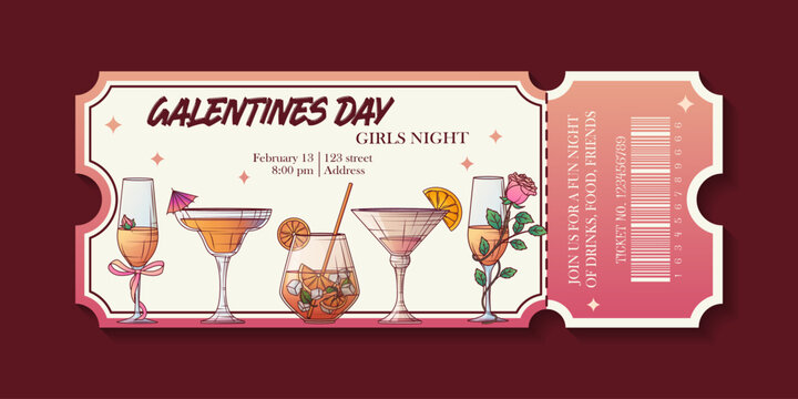 Vector illustration of a Galentine&rsquo;s Day ticket with of cocktail in glasses. Invitation design for women party, friends gathering, celebration event.