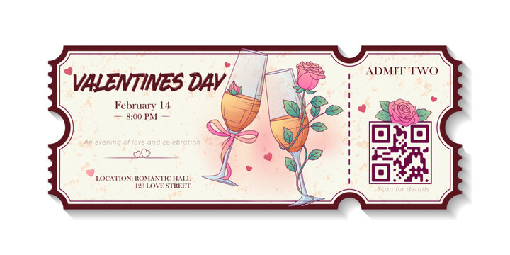 Vector illustration of a romantic Valentine&rsquo;s Day ticket with champagne glasses and roses. Elegant invitation design for love celebration, wedding party, date night, or festive event promotion.