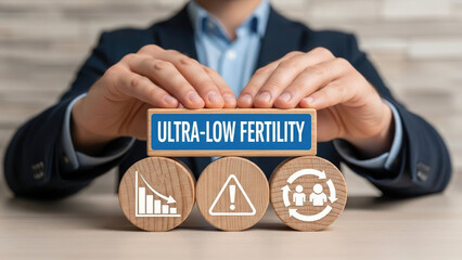 Businessman discussing ultra-low fertility rates with warning signs