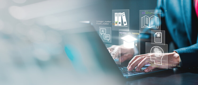 Concept of Online education. man use Online education training and e-learning webinar on internet for personal development and professional qualifications. Digital courses to develop new skills.