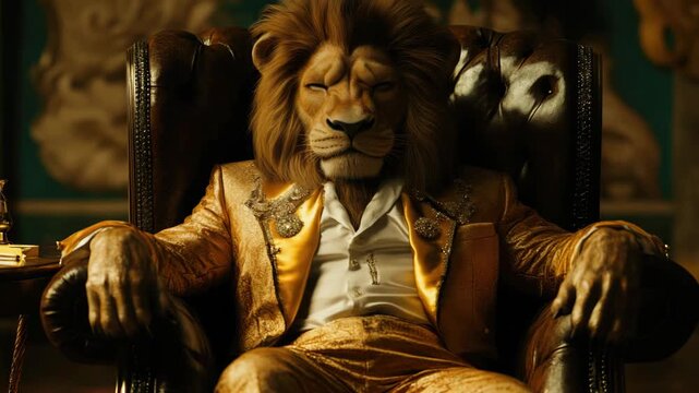 A dramatic scene with the majestic lion from an animated film wearing a suit and tie, sitting on a chair of authority with a golden earring.