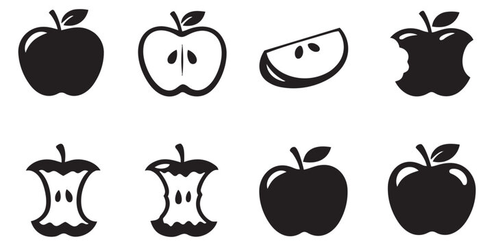 Simple icon apple set featuring whole fruits, half apples, slices, and cores for food and nutrition designs