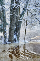 Flooding ice covered river in very cold winter day
