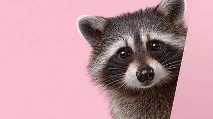Obraz premium Raccoon peeking from behind a vibrant pink panel, showcasing expressive wide eyes, playful demeanor, modern composition with neon shapes and colorful glow, perfect for pop-meme aesthetic