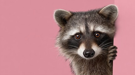Fototapeta premium Raccoon peeking from behind a solid pink background panel, showcasing expressive wide eyes and a playful demeanor, embodying a vibrant pop-meme aesthetic with modern composition and colorful elements