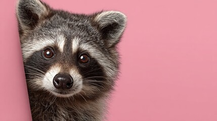 Obraz premium Raccoon peeking from behind a vibrant pink background panel, showcasing expressive eyes and a playful demeanor, embodying a whimsical pop-meme aesthetic with modern design elements