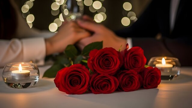 Romantic dinner setup with red roses and candles