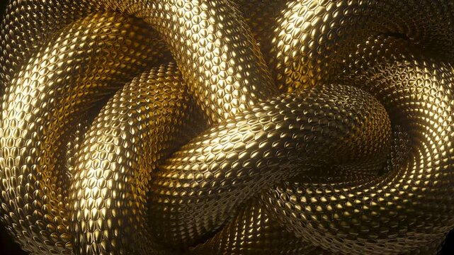 looped 3d animation, abstract background with tangled golden snakes, shiny metallic dragon scales texture, fashion intro