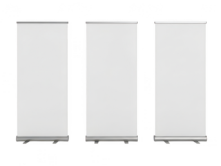 Three professional roll-up banners standing side by side isolated on transparent background