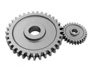 Interconnected metal gears demonstrating mechanical precision isolated on transparent background