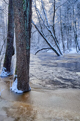Flooding ice covered river in very cold winter day