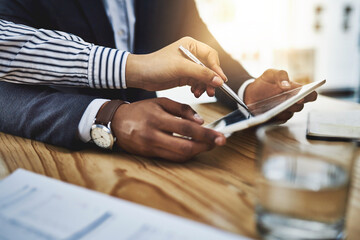 Hands, team and business people with tablet for planning, budget review or audit in office....