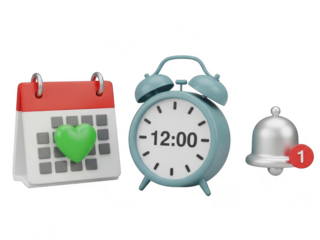 Calendar with heart, alarm clock at noon, notified bell isolated on transparent background