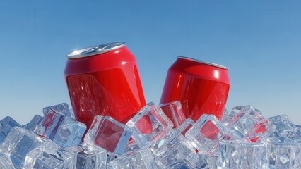 Two red soda cans chilling in clear ice cubes under bright blue sky