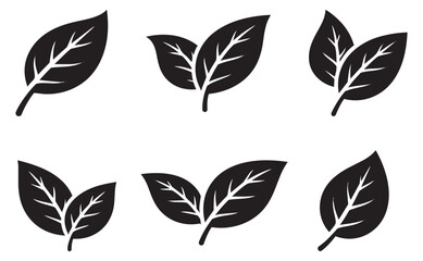 Minimal graphic leaf icon set featuring single and paired leaves for nature and organic designs