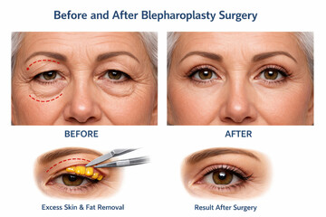 Female face before and after blepharoplasty, cosmetic eyelid surgery result showing lifted eyelids, rejuvenation, beauty transformation.