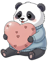 A Panda bear is holding a heart-shaped balloon.  