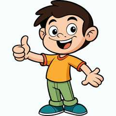 Funny cartoon vector illustration of a smiling school child character showing a thumbs up hand gesture with happiness and a fun drawing style for a student or young person