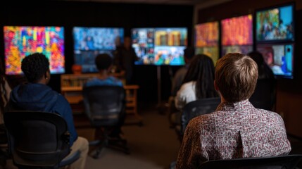 Medium shot of students engaged in a remote cultural education session sharing diverse traditions through vibrant digital screens.