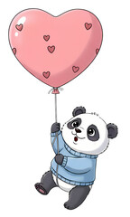 A cute cartoon panda holding a heart-shaped balloon.
