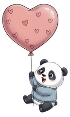 An adorable Panda holding onto a heart-shaped balloon string.