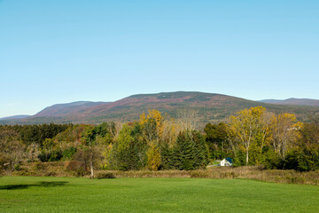 Autumn Countryside with Green Field and Distant Mountains