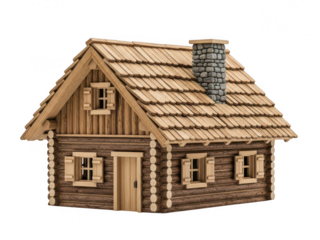 Charming rustic wooden cabin with stone chimney and log construction isolated on transparent background