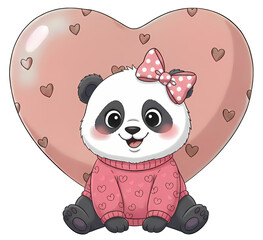 An adorable Panda bear is sitting in front of a heart.