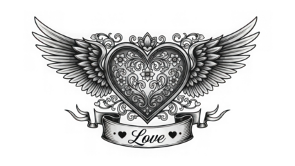 Intricate heart with wings and banner isolated on transparent background