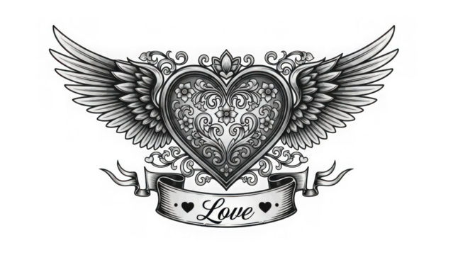 Intricate heart with wings and banner isolated on transparent background - Powered by Adobe