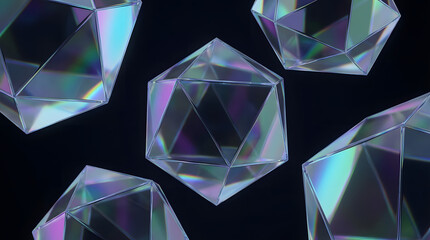 Floating colorful dodecahedral crystals with geometric glow on dark background.