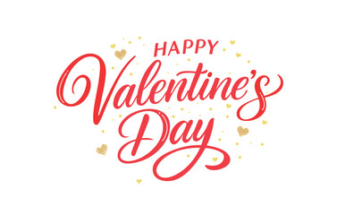 Happy Valentine’s Day hand lettering typography with glitter and golden hearts. Valentine’s Day banner.
