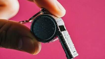 Close-up of a wet metal whistle held by fingers against a vibrant pink background, symbolizing sports, attention, or a call to action.
