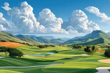 Serene golf course landscape with rolling green hills, blue sky and dramatic clouds