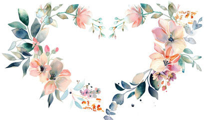 Obraz premium Watercolor Floral Heart Frame with Pink Roses and Green Leaves Illustration