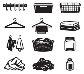 Simple graphic laundry items set featuring hooks, hangers, baskets, towels, clothes, and jars for household organization and cleaning
