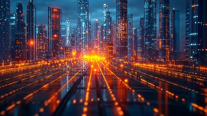 Low angle static shot: A futuristic city at night with glowing orange lights and tall skyscrapers. - Powered by Adobe