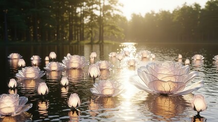 Glowing white lotus flowers floating on calm lake water at sunrise with forest