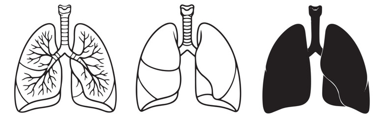 Line art and silhouette lungs set featuring human respiratory organs in outline and solid styles for medical and health education