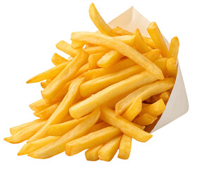Golden French fries in a paper container on a transparent background